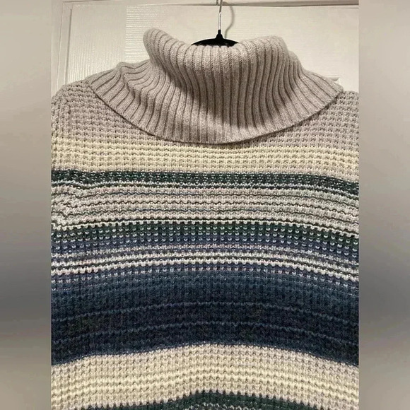 L.L. Bean Merino Wool Blend Blue Striped Cowl Neck Waffle Knit Pullover Size XS - Picture 2 of 10